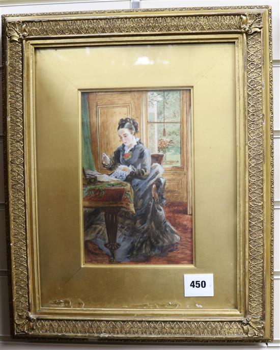 Lamb? late 19th century, watercolour and bodycolour, Lady sewing at a table, 24 x 15cm
